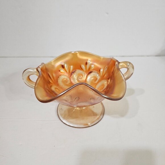 Vintage Dugan Carnival Glass Question Mark Pattern Bon Bon Dish Double Handle - Picture 2 of 8
